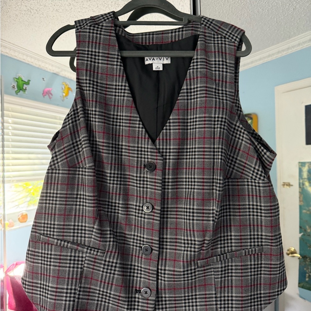 Ava & Viv Gray and Red Checkered Vest